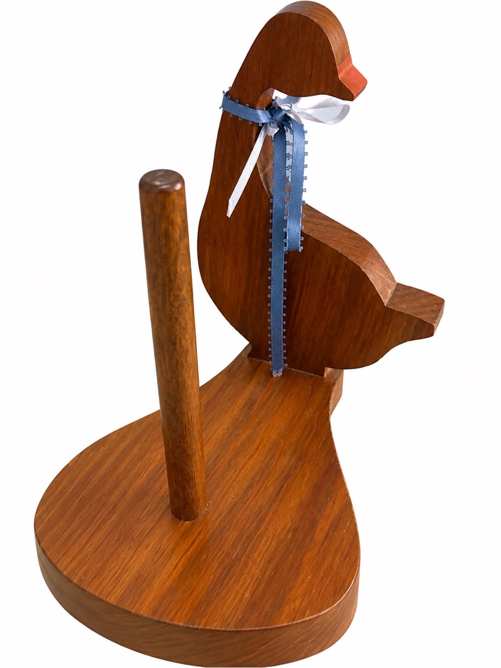 Handcrafted Wooden Duck Paper Towel Holder โ Blue Ribbon Accent